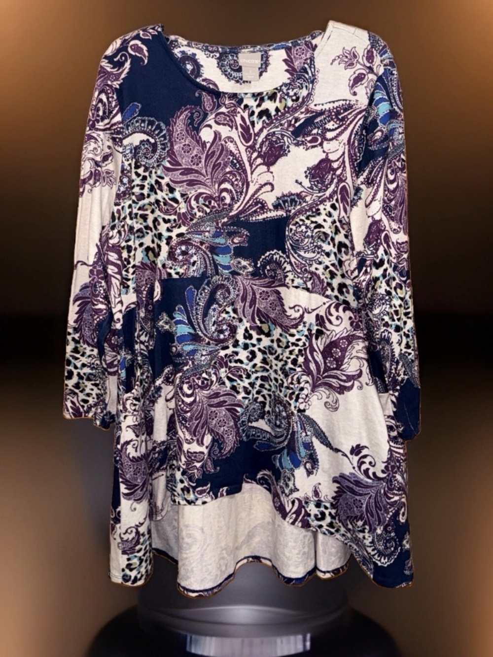 Chico's Paisley Mixed Print Long Sleeve Hi Low Tunic-Purple Navy Cream-3/XL-EC